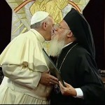 Pope Francis and Patriarch Bartholomew Greet and Kiss Square Pic