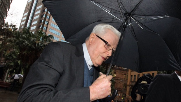 Retired Catholic Bishop Geoffrey Robinson arrives at the commission on Monday. Photo: Peter Rae
