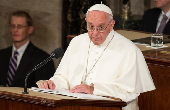 Pope Francis addresses a joint meeting of the U.S. Congress in the House Chamber on Capitol Hill in Washington Sept. 24. (CNS photo/Joshua Roberts) See POPE-CONGRESS Sept. 24, 2015.
