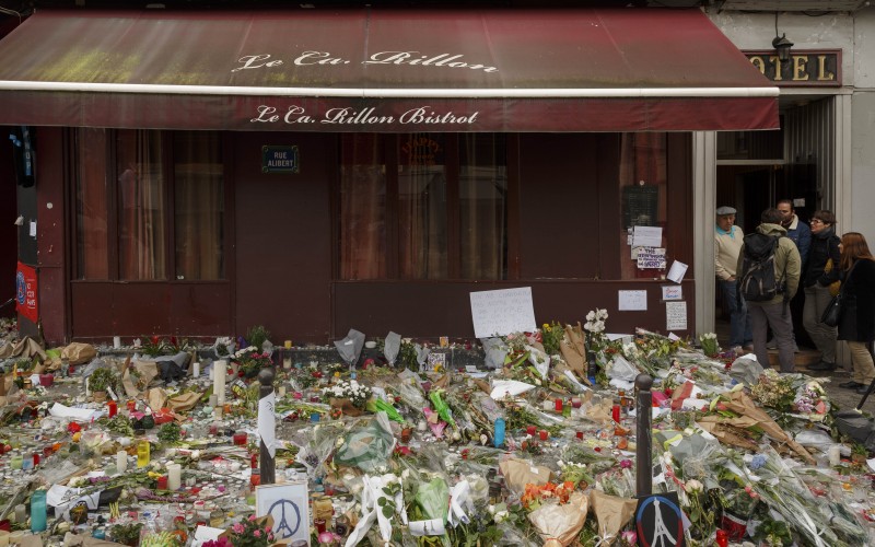 Carillon Cafe Memorial to Paris Attacks Victims Flowers Roses