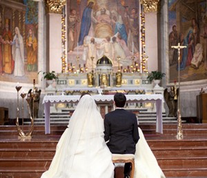 Married Couple Marriage Wedding Kneeling Beautiful Altar Church Parish