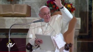 Pope Francis Waving from his Seat inside Pope Paul VI Auditorium