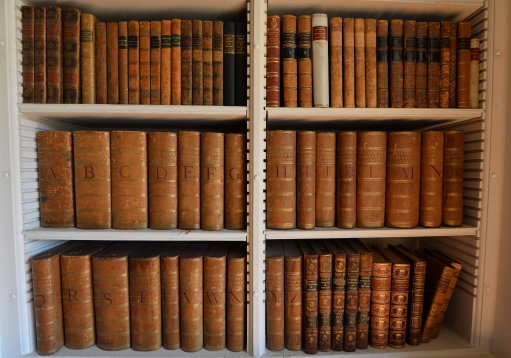 Books on a book shelf at Althorp House, in Northamptonshire. The Althorp Literary Festival takes place at Althorp House, home of the Spencer family annually.