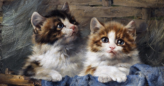 (Julius Adam (1852-1913), “Zwei Kätzchen im Korb mit blauem Tuch”)