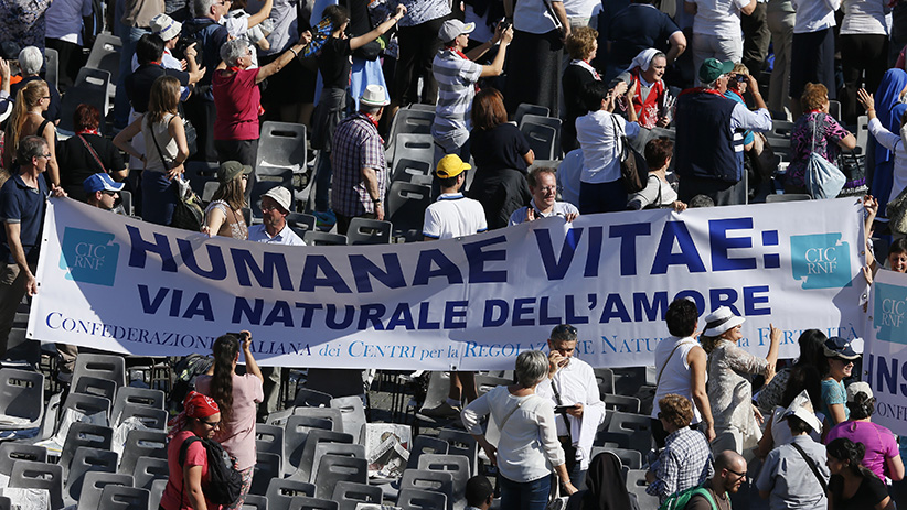 A banner referencing "Humanae Vitae," the 1968 encyclical of Blessed Paul VI, is seen in the crowd at the conclusion of the beatification Mass of Blessed Paul celebrated by Pope Francis in St. Peter's Square at the Vatican Oct. 19. The Mass also concluded the extraordinary Synod of Bishops on the family. Blessed Paul, who served as pope from 1963-1978, is most remembered for "Humanae Vitae," which affirmed the church's teaching against artificial contraception. (CNS photo/Paul Haring) See BEATIFICATION-MASS Oct. 19, 2014.