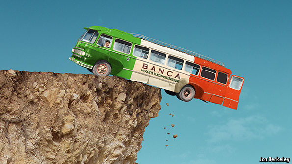 Imminent Italian Bank Collapse Cartoonish Bus painted in Italian flag teetering on cliff