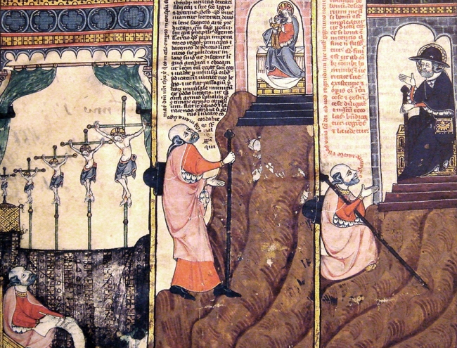 (Karlsruhe, Badische Landesbibliothek, Cod. St. Peter perg. 92, fol. 1v. Manuscript, reproduced in "An illustrated history of the Knights Templar", James Wasserman. Via Wikimedia Commons)